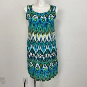 Nomadic Traders Blue Green Open Back Cut Out Ikat Tank Sleeveless Dress Size L